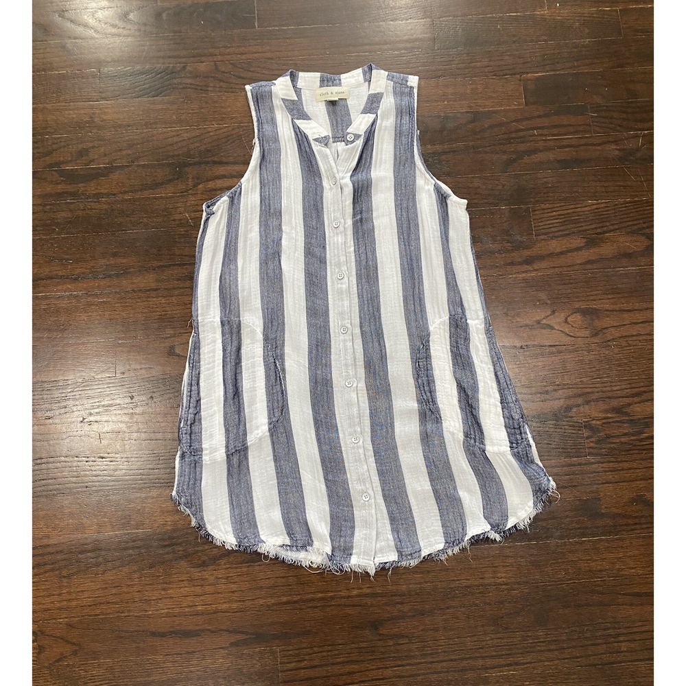 Cloth & Stone Stripe Button Front Sleeveless Top Size S Round Fringe Hem Pockets